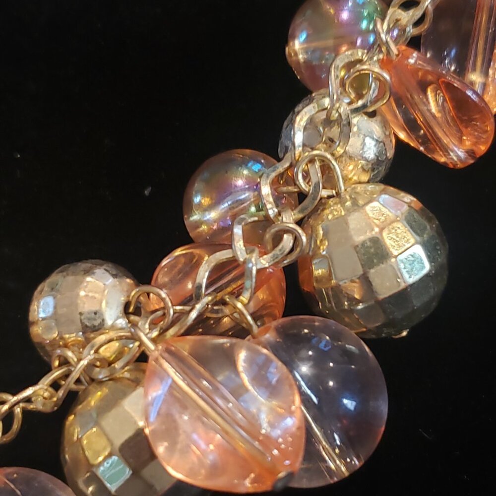 Retro Brass Tone Chain w/ Disco Ball and Peach Colored Beaded Necklace - Picture 6 of 11
